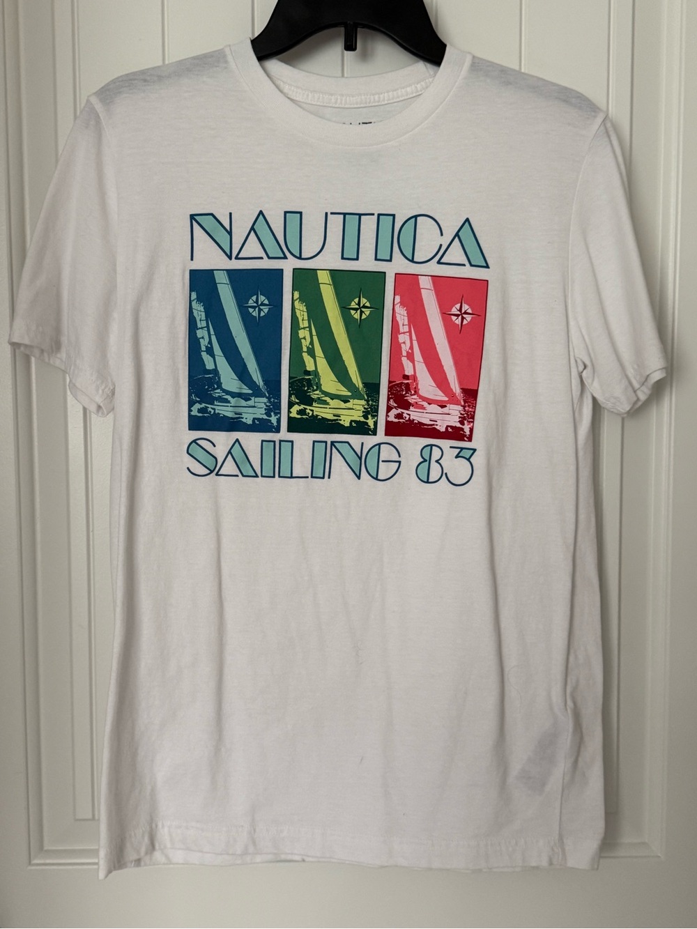 Nautica White Short-Sleeve Sailing Graphic Tee with Teal, Green & Pink Panels
